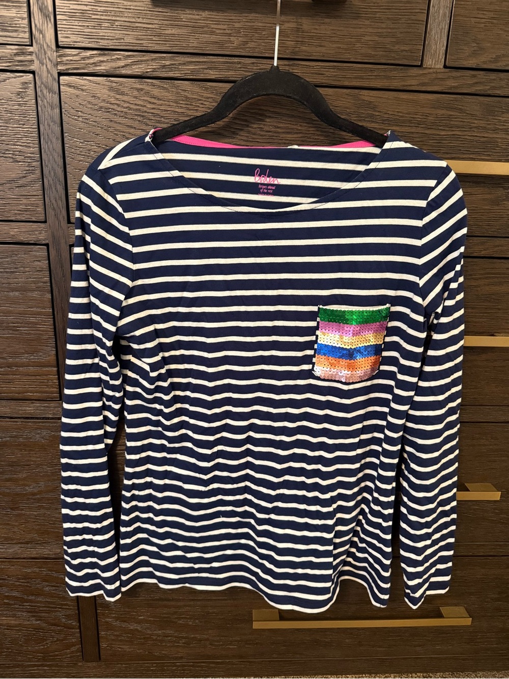Boden Navy & White Striped Long-Sleeve Top with Sequin Pocket